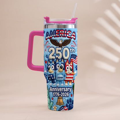 Cute Blue Cartoon USA 250th Anniversary - Personalized Blue Dog Tumbler With Handle