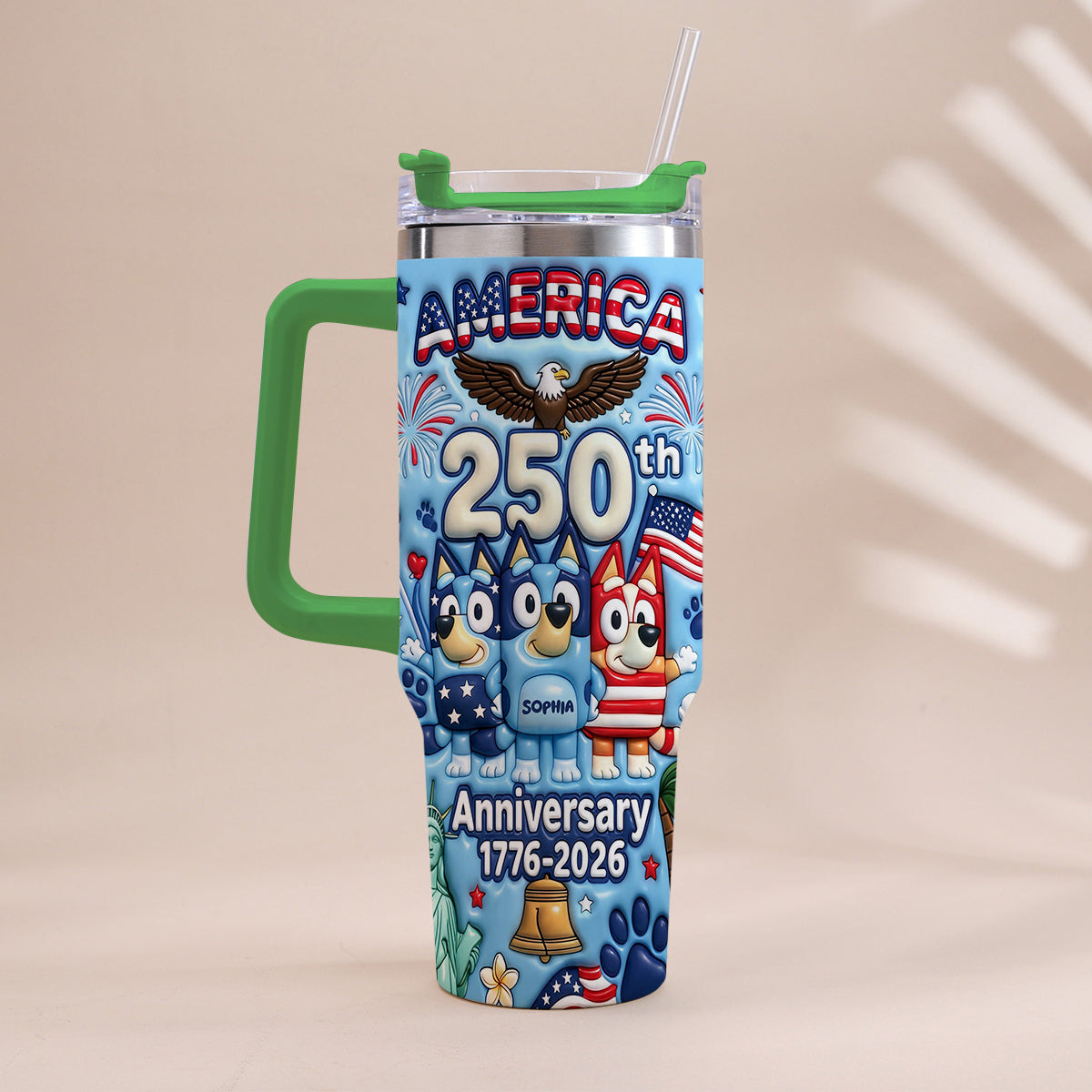 Cute Blue Cartoon USA 250th Anniversary - Personalized Blue Dog Tumbler With Handle