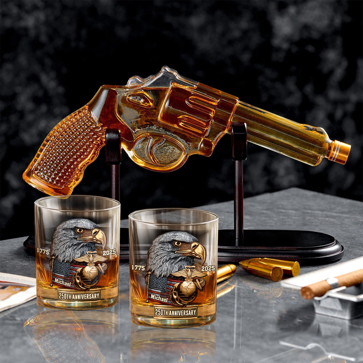 250th Anniversary - Personalized Veteran Gun Decanter With Whiskey Glass