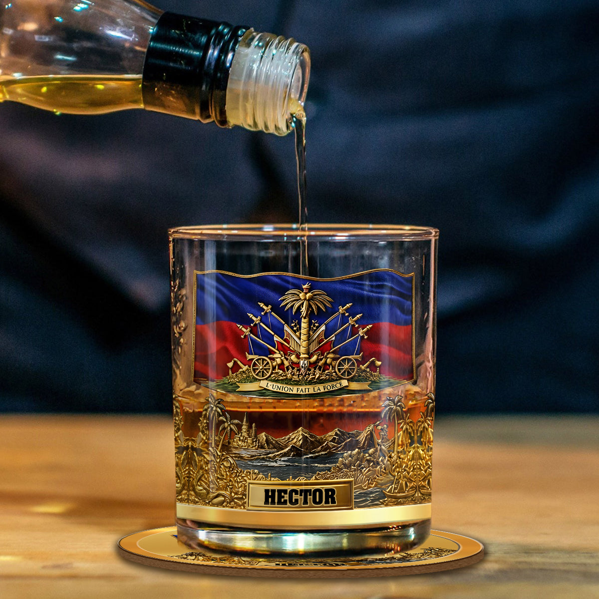 Haiti Coat Of Arms - Personalized Expats Whiskey Decanter Set