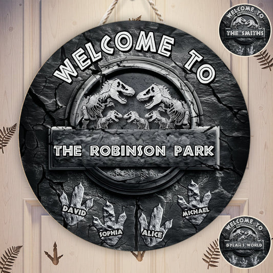 Welcome To Our Dinosaur Park - Personalized Dinosaur Round Wood Sign