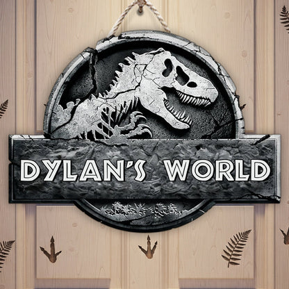 Dinosaur World - Personalized Dinosaur Custom Shaped Wood Sign