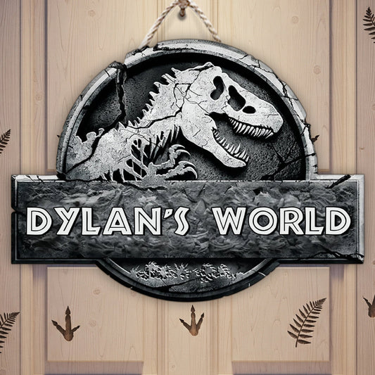 Dinosaur World - Personalized Dinosaur Custom Shaped Wood Sign