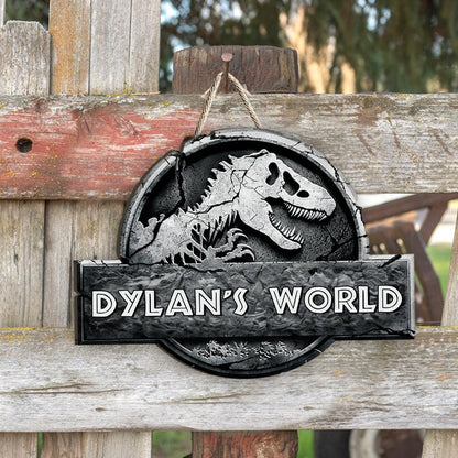 Dinosaur World - Personalized Dinosaur Custom Shaped Wood Sign