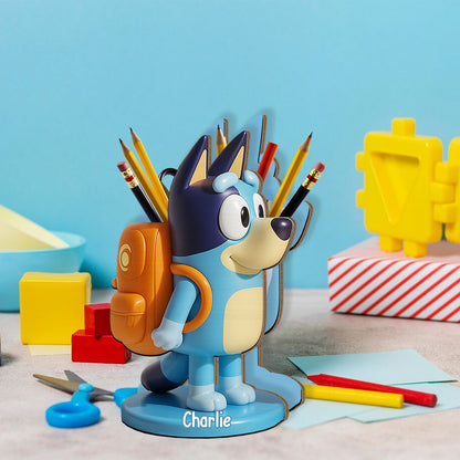 Lovely Australian Cattle Dog Cartoon - Personalized Blue Dog Wooden Pen Holder