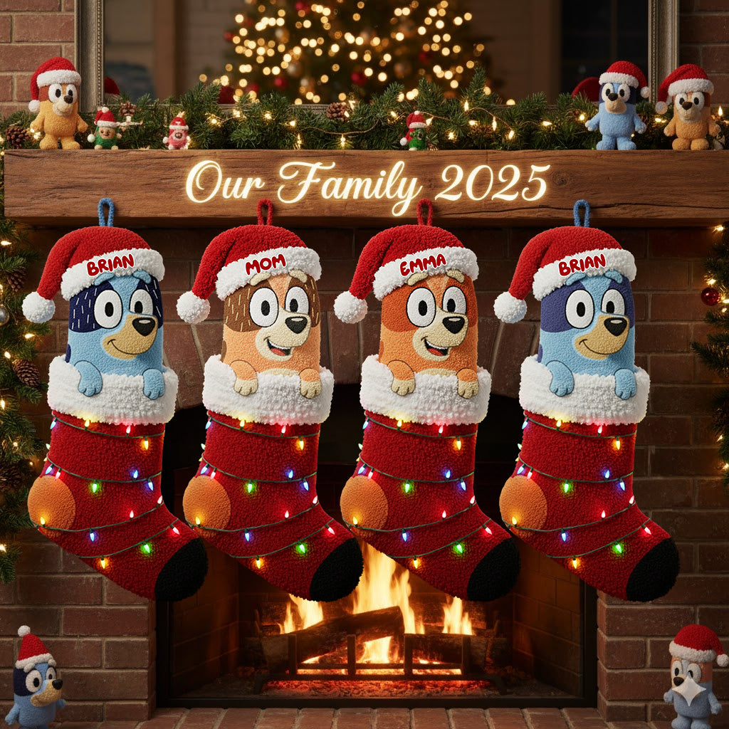 Rockin' Around The Christmas Tree - Personalized Blue Dog Shaped Christmas Stocking