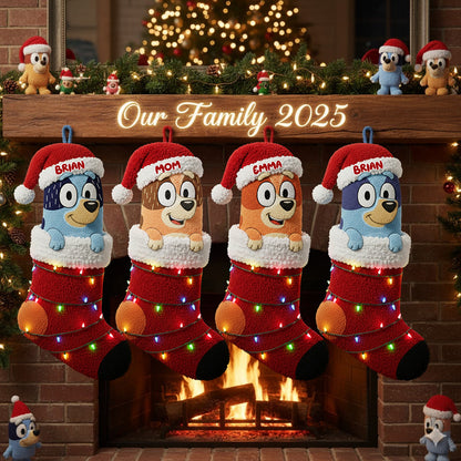 Rockin' Around The Christmas Tree - Personalized Blue Dog Shaped Christmas Stocking