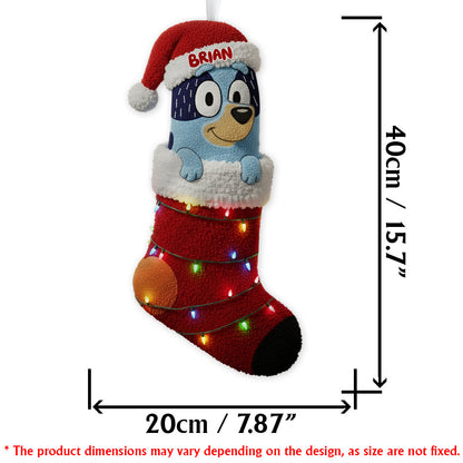 Rockin' Around The Christmas Tree - Personalized Blue Dog Shaped Christmas Stocking