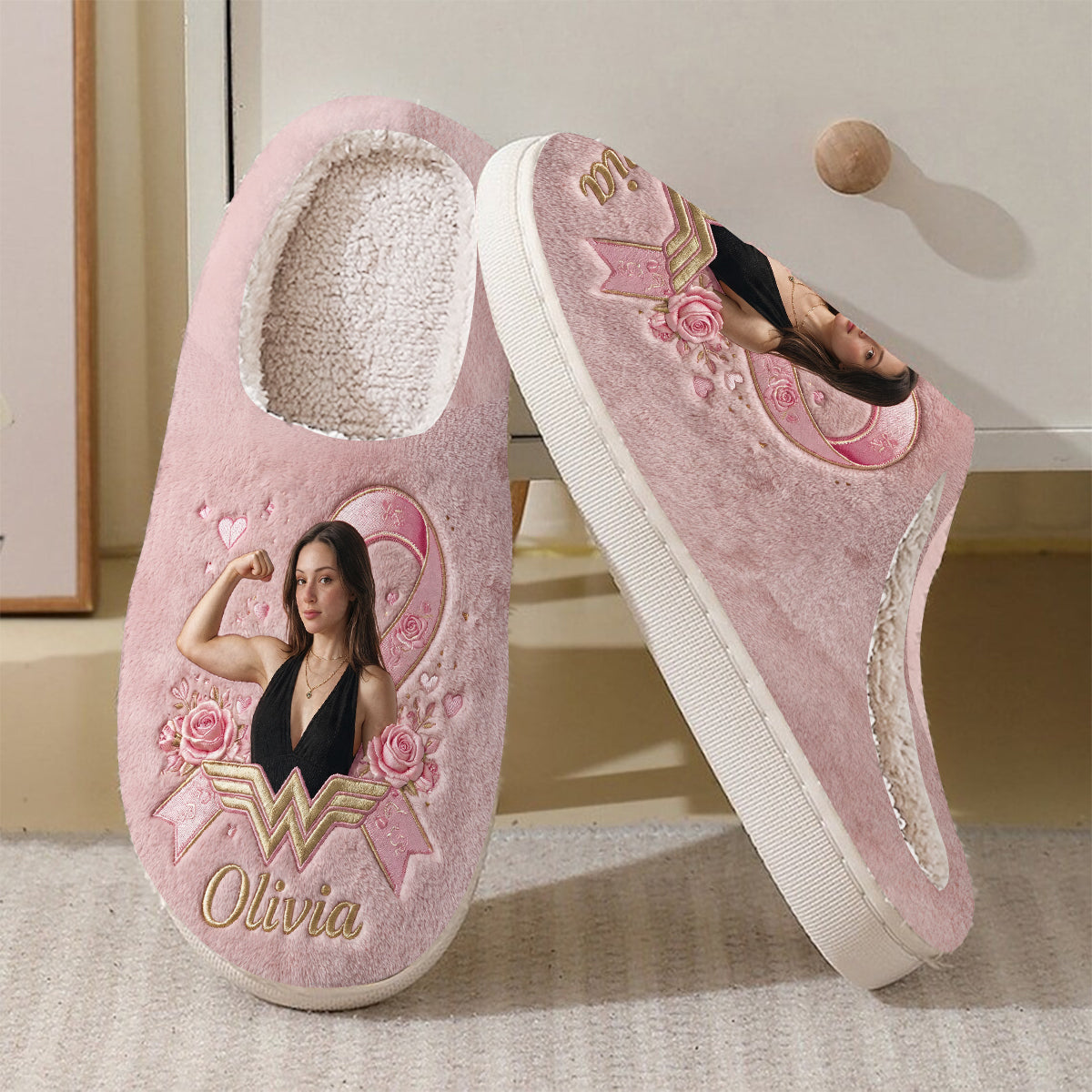 Strong Woman Survivor - Personalized Breast Cancer Awareness Slippers