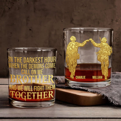 In The Darkest Hour When The Demons Come - Personalized Veteran Whiskey Glass