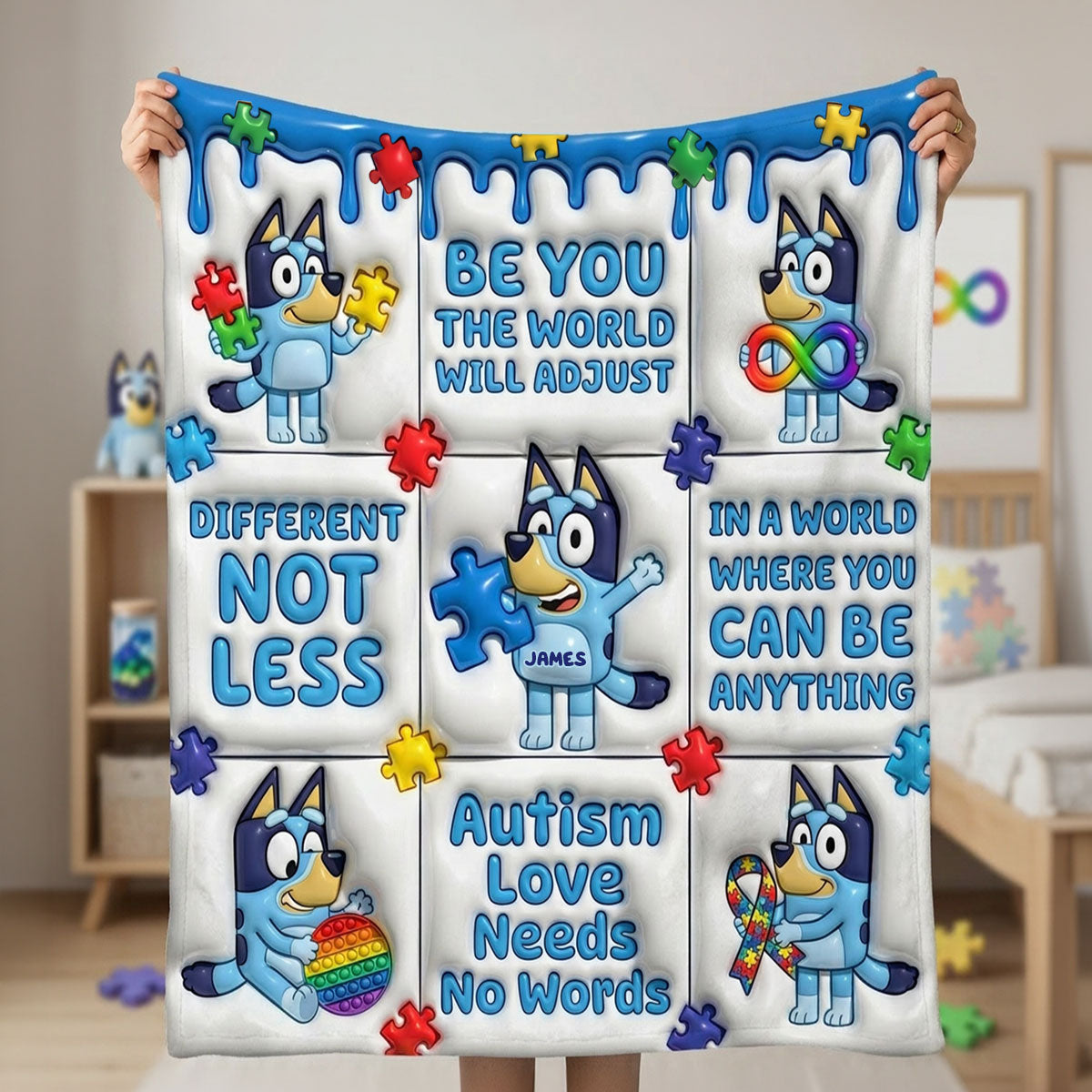 Blue Cartoon Puzzle Autism - Personalized Autism Awareness Blanket