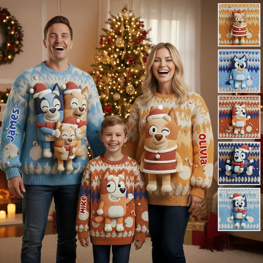 Cartoon Blue Dog - Personalized Blue Dog Ugly Sweater