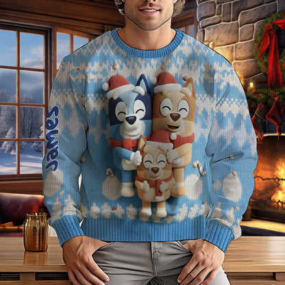 Cartoon Blue Dog - Personalized Blue Dog Ugly Sweater