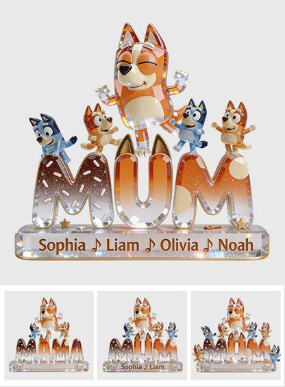 Dog Mom & Kids Dancing - Personalized Blue Dog Custom Shaped Acrylic Plaque