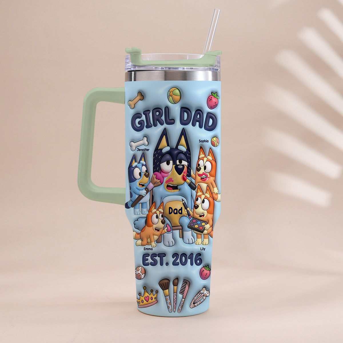 Custom Cartoon Dad - Personalized Blue Dog Tumbler With Handle
