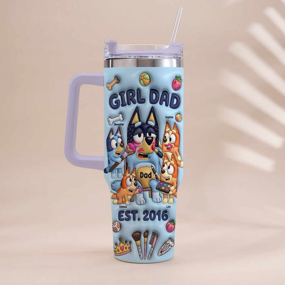 Custom Cartoon Dad - Personalized Blue Dog Tumbler With Handle