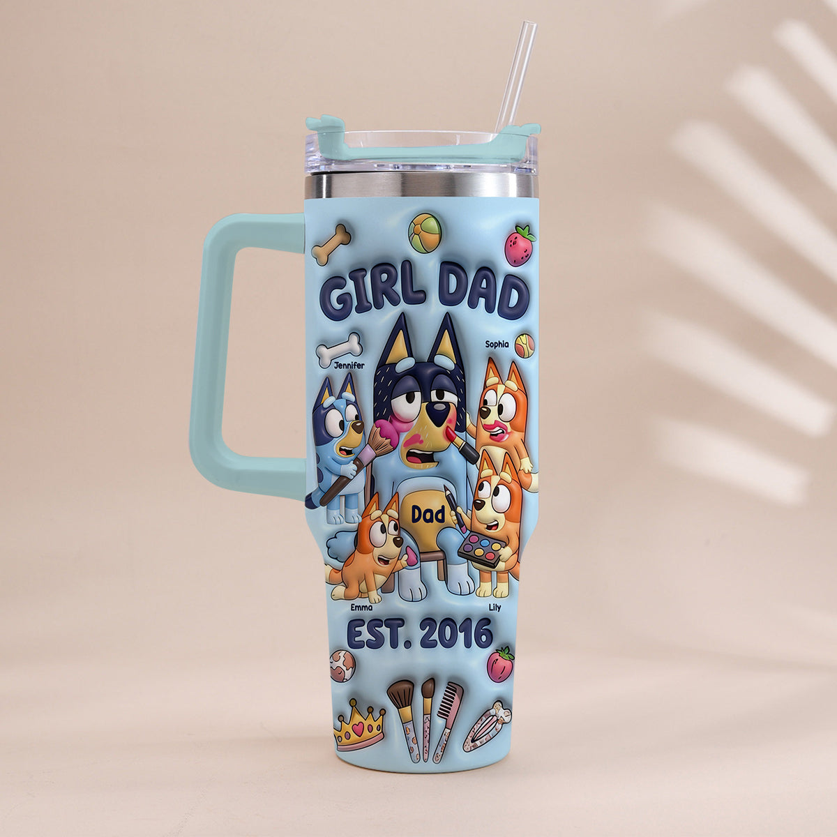 Custom Cartoon Dad - Personalized Blue Dog Tumbler With Handle