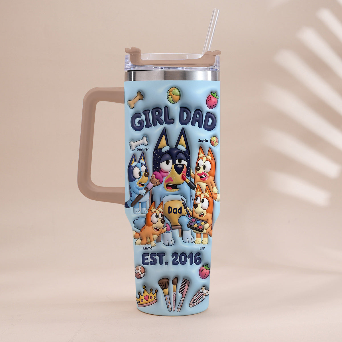 Custom Cartoon Dad - Personalized Blue Dog Tumbler With Handle