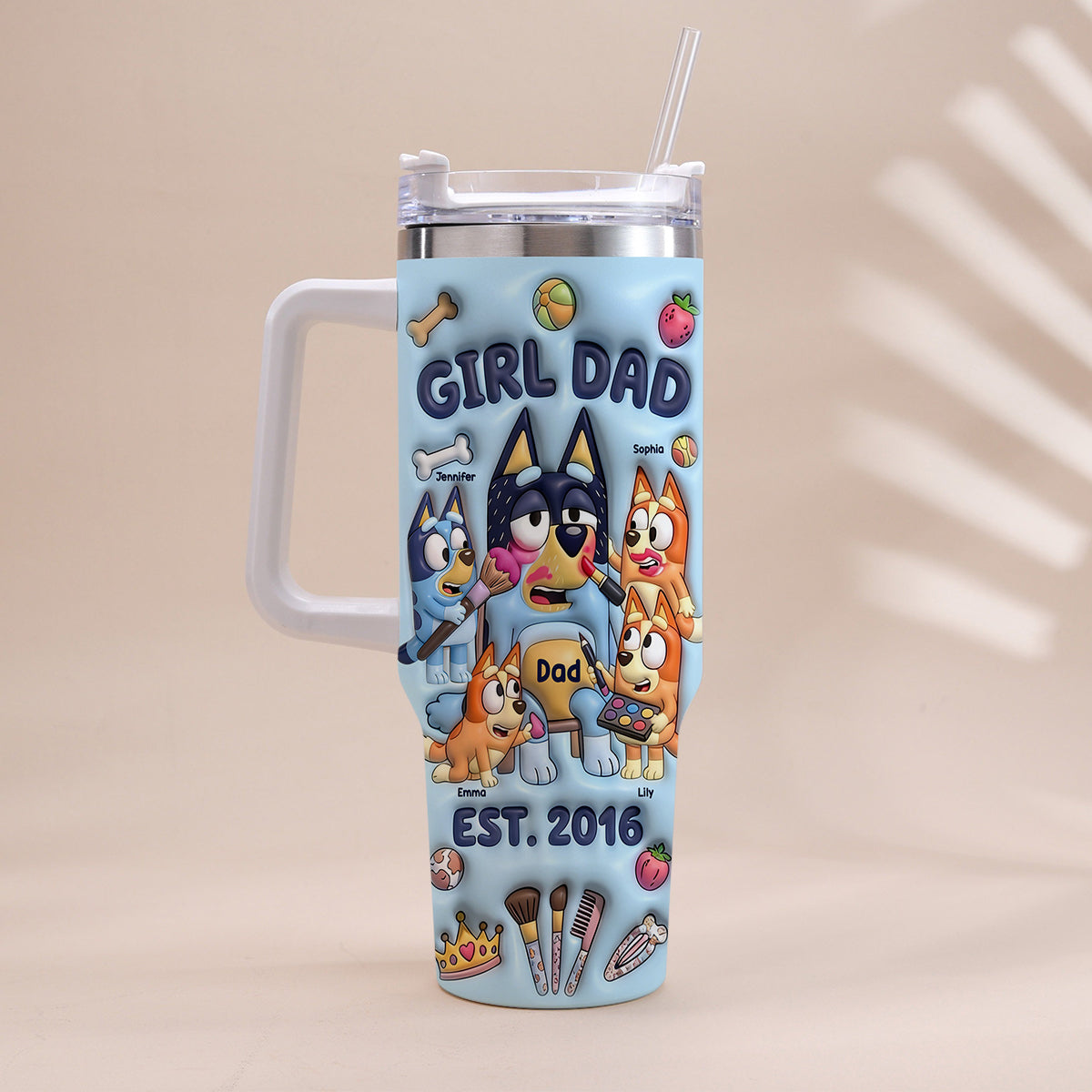 Custom Cartoon Dad - Personalized Blue Dog Tumbler With Handle