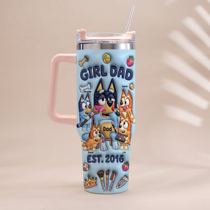 Custom Cartoon Dad - Personalized Blue Dog Tumbler With Handle