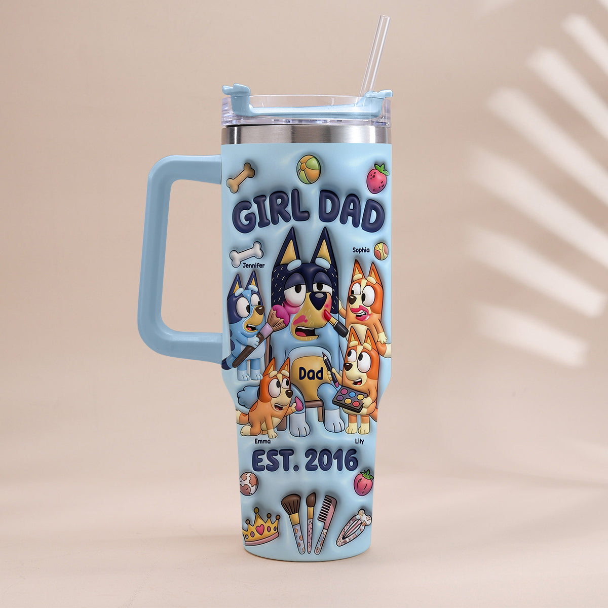 Custom Cartoon Dad - Personalized Blue Dog Tumbler With Handle
