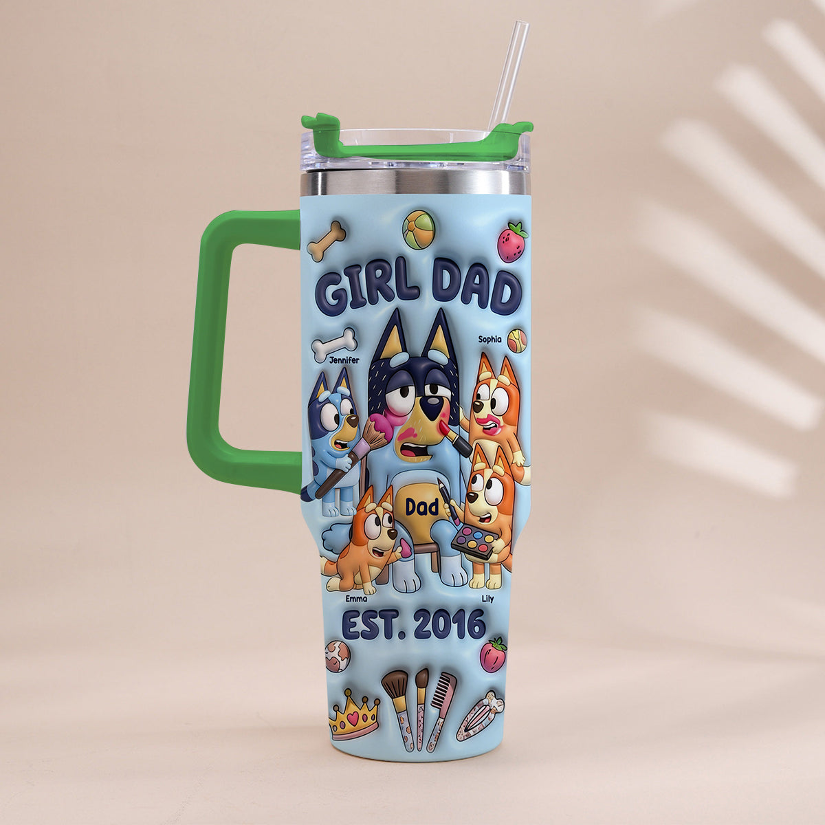Custom Cartoon Dad - Personalized Blue Dog Tumbler With Handle
