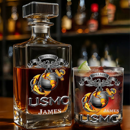 USMC, Marines, EGA, Eagle Globe Anchor, Marine Corps Gift - Personalized Veteran Whiskey Decanter Set