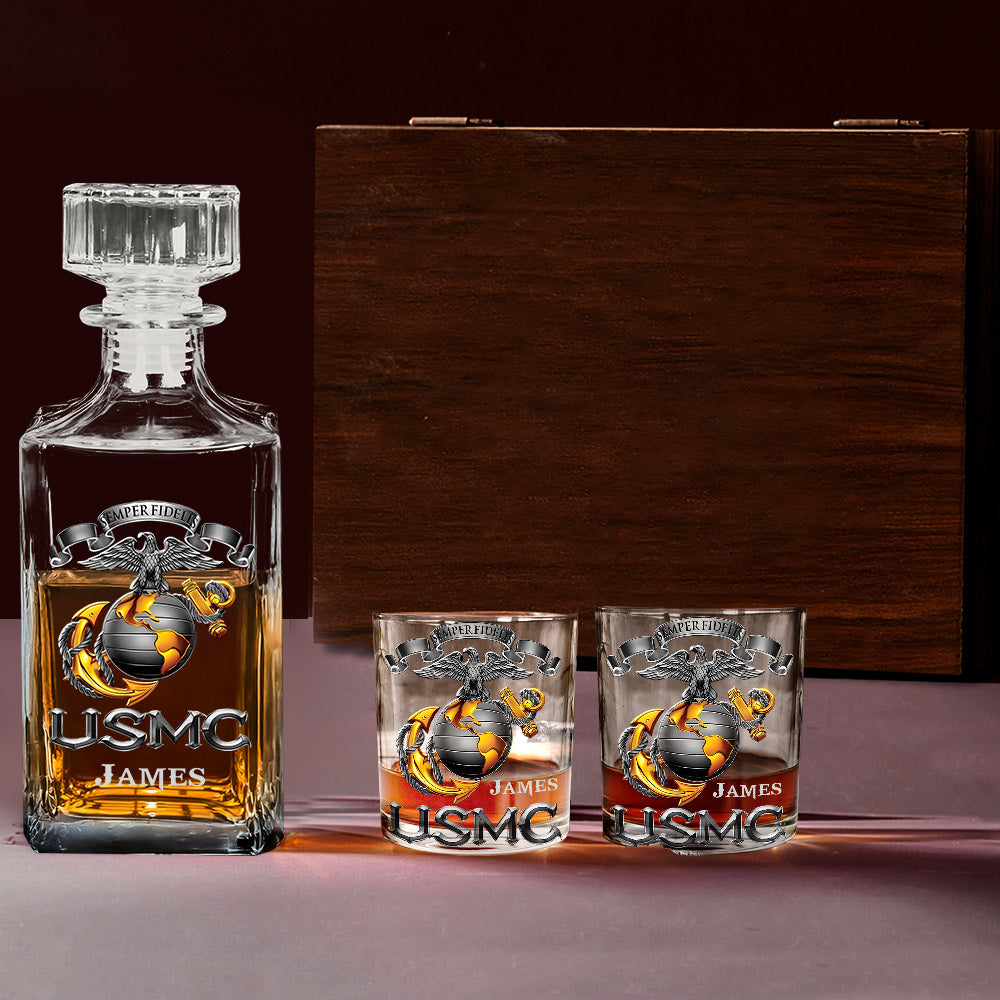 USMC, Marines, EGA, Eagle Globe Anchor, Marine Corps Gift - Personalized Veteran Whiskey Decanter Set