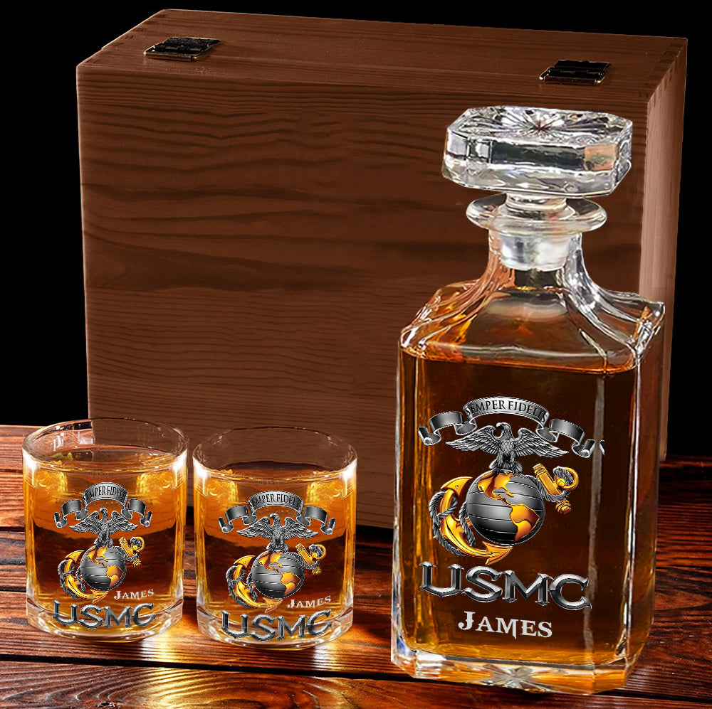 USMC, Marines, EGA, Eagle Globe Anchor, Marine Corps Gift - Personalized Veteran Whiskey Decanter Set