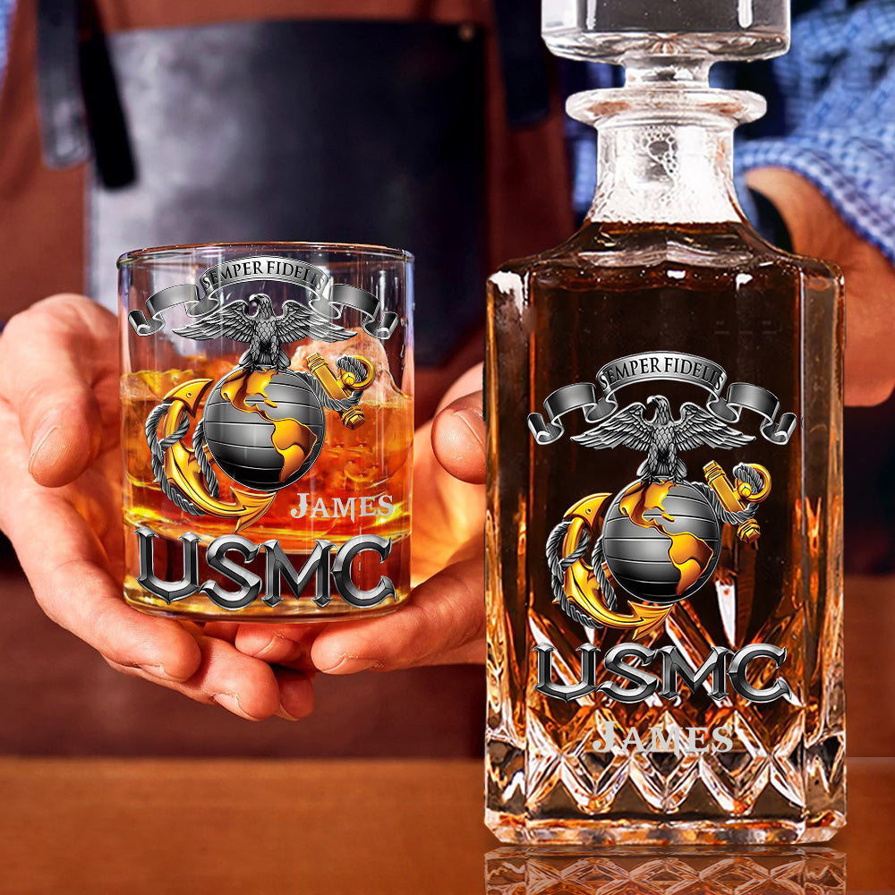 USMC, Marines, EGA, Eagle Globe Anchor, Marine Corps Gift - Personalized Veteran Whiskey Decanter Set