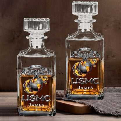 USMC, Marines, EGA, Eagle Globe Anchor, Marine Corps Gift - Personalized Veteran Whiskey Decanter Set