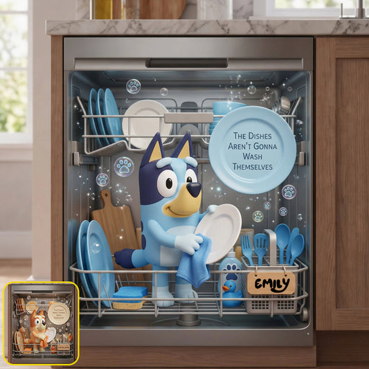 Funny Blue Puppy Wash Dishes - Personalized Blue Dog Dishwasher Cover