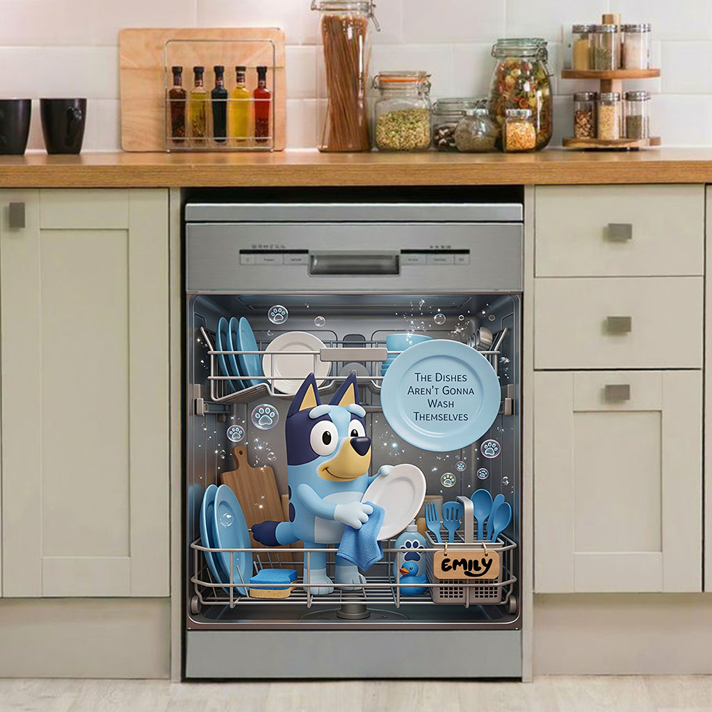 Funny Blue Puppy Wash Dishes - Personalized Blue Dog Dishwasher Cover