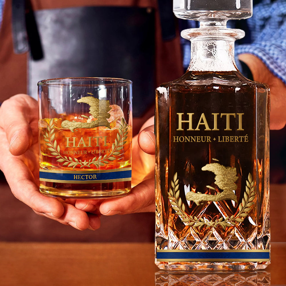 Haiti Coat Of Arms - Personalized Expats Whiskey Decanter Set