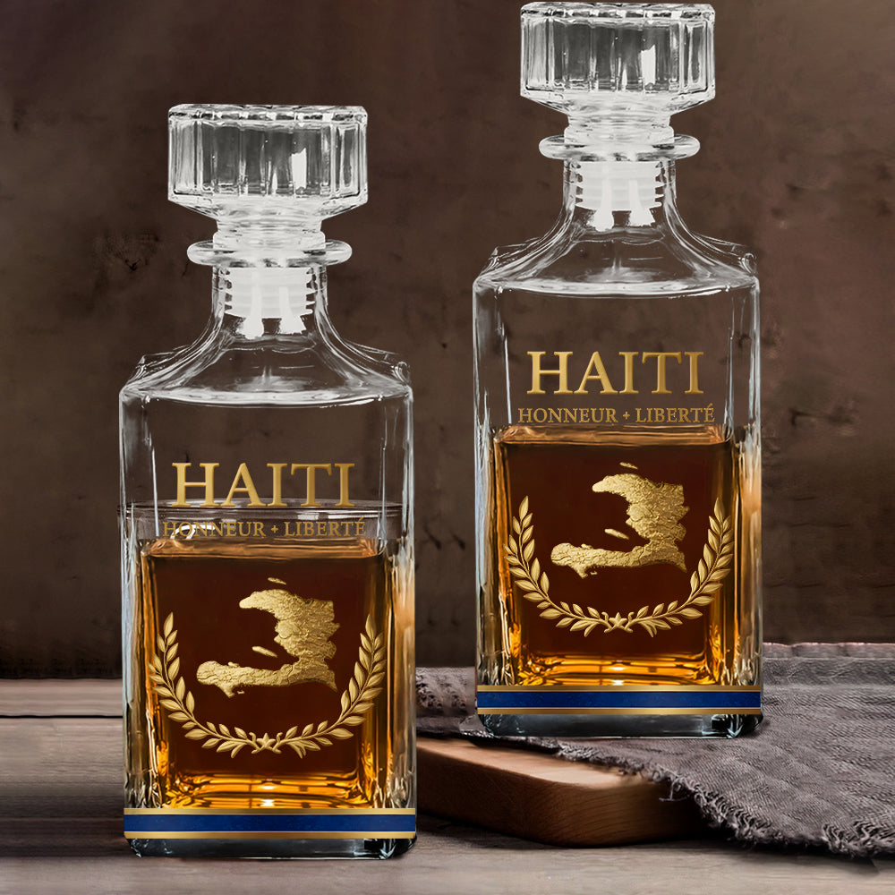 Haiti Coat Of Arms - Personalized Expats Whiskey Decanter Set