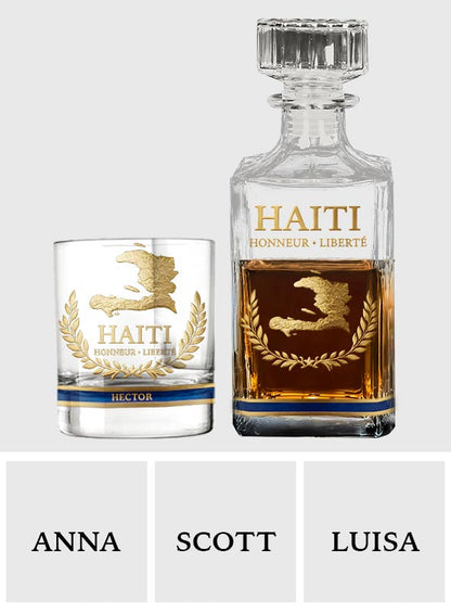 Haiti Coat Of Arms - Personalized Expats Whiskey Decanter Set