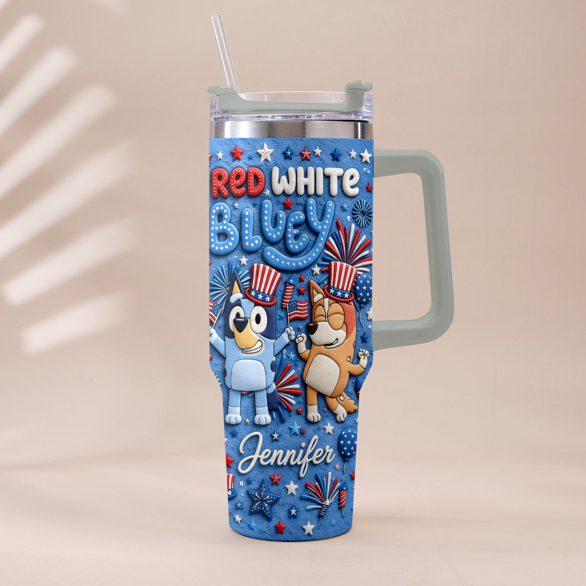 Happy 4th Of July - Personalized Bluey Tumbler With Plush Charm