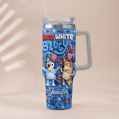 Happy 4th Of July - Personalized Bluey Tumbler With Plush Charm