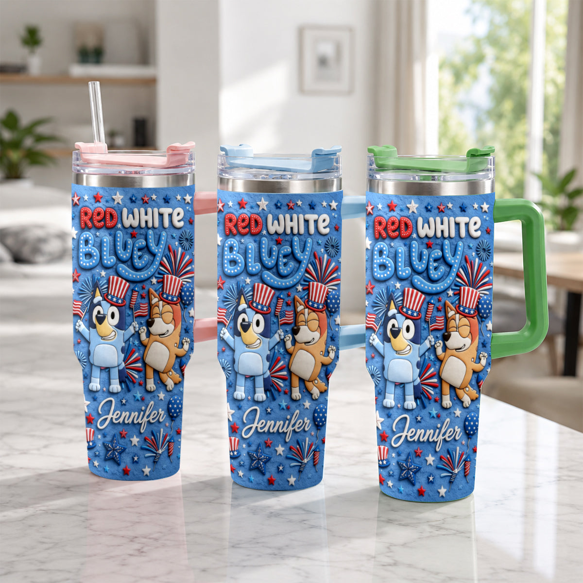 Happy 4th Of July - Personalized Bluey Tumbler With Plush Charm