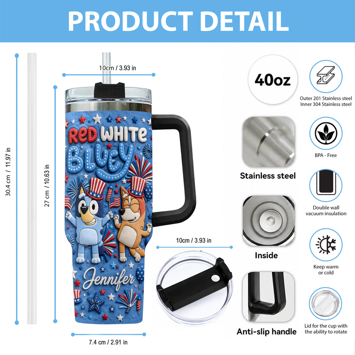 Happy 4th Of July - Personalized Bluey Tumbler With Plush Charm