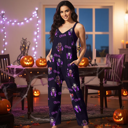 Scary Halloween Sleeveless Jumpsuit with Pockets - Personalized Horror Character Loose-Fit Overalls/ Rompers