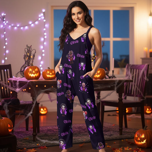 Scary Halloween Sleeveless Jumpsuit with Pockets - Personalized Horror Character Loose-Fit Overalls/ Rompers