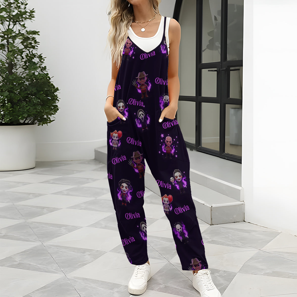 Scary Halloween Sleeveless Jumpsuit with Pockets - Personalized Horror Character Loose-Fit Overalls/ Rompers