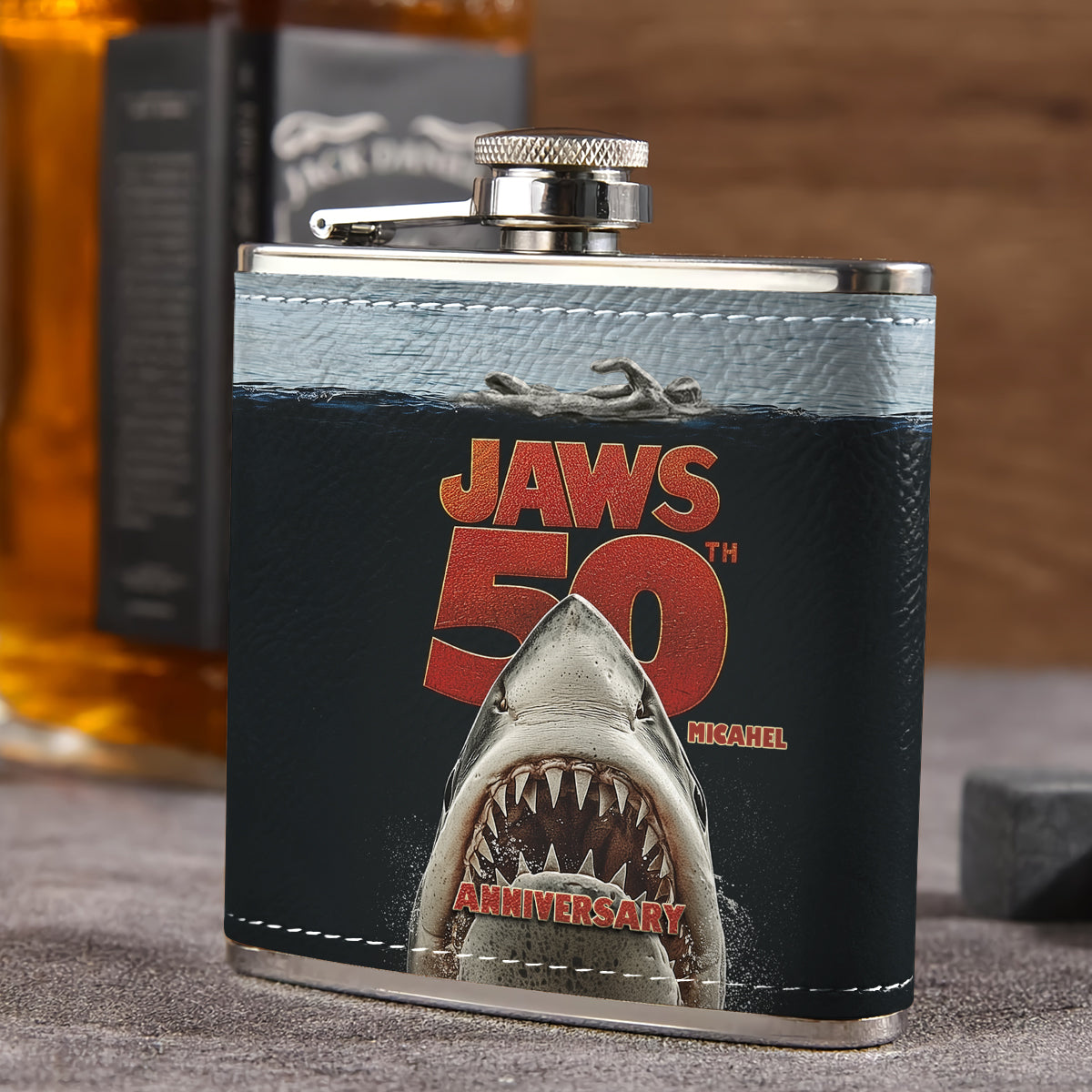50th Anniversary Scary Shark - Personalized Hip Flask