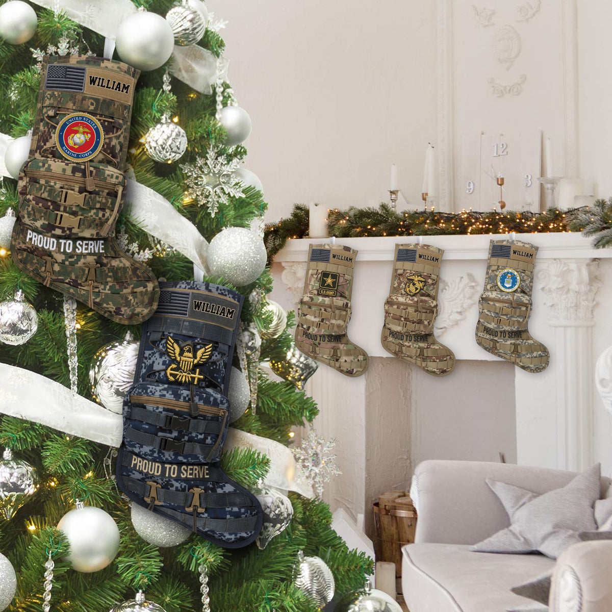Proud To Serve - Personalized Veteran Shaped Christmas Stocking