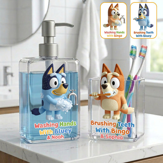 Bathroom Blue Puppy Set Soap Dispenser & Toothbrush Holder - Personalized Bluey Acrylic Pot & Pump Dispenser
