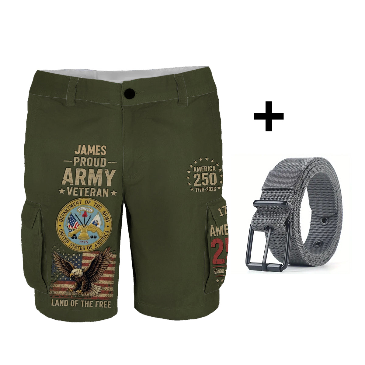 Veteran Proud, 250th Anniversary - Personalized Veteran Cargo Shorts With Belt