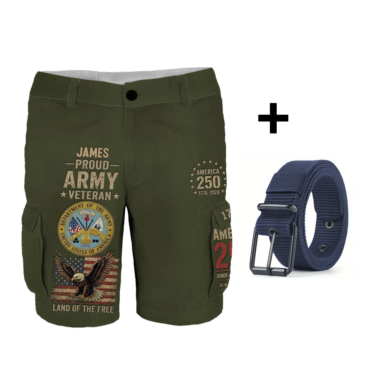 Veteran Proud, 250th Anniversary - Personalized Veteran Cargo Shorts With Belt