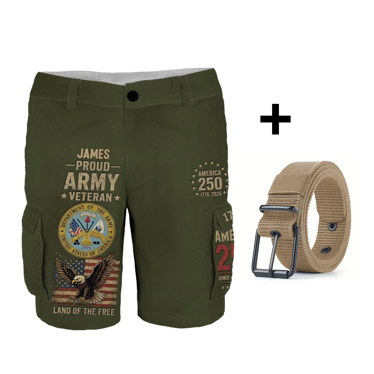 Veteran Proud, 250th Anniversary - Personalized Veteran Cargo Shorts With Belt