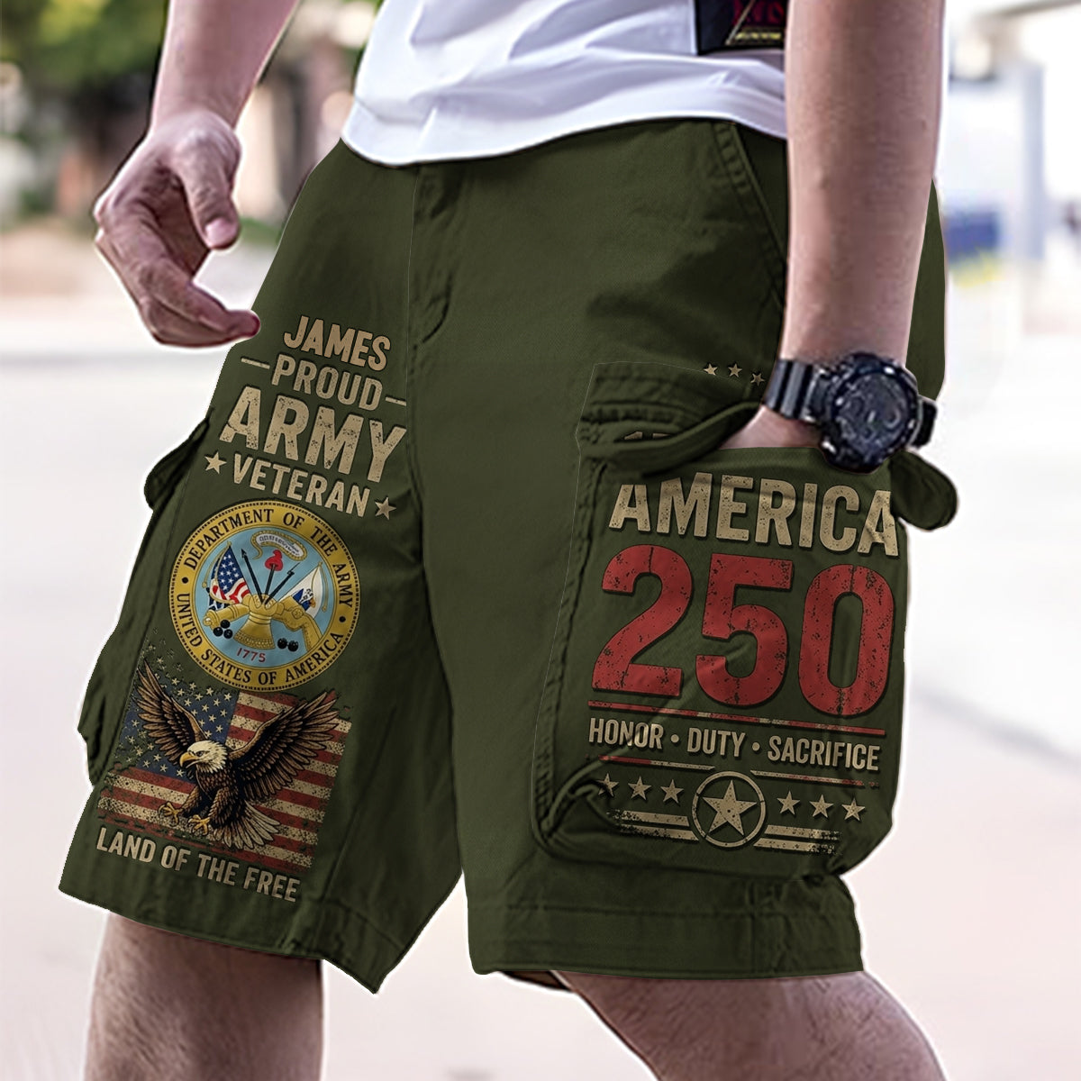 Veteran Proud, 250th Anniversary - Personalized Veteran Cargo Shorts With Belt